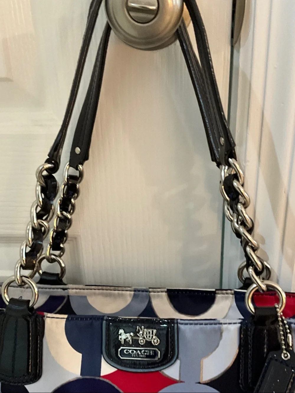 Coach Navy Red White Circle-Print Chain Handle bag purse